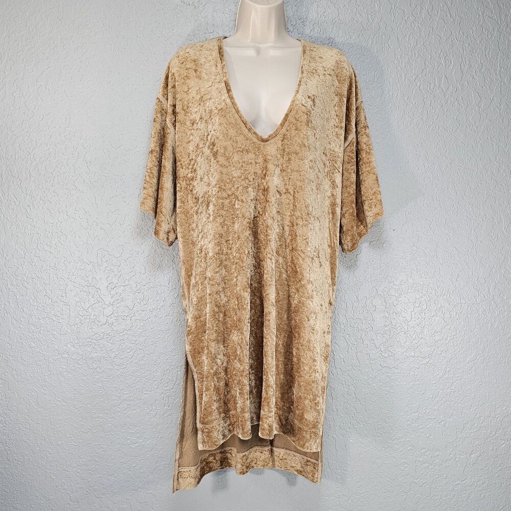 Free People We The Free Gold Luxe Velvet V-Neck Tunic Top Dress Sz XS Oversized